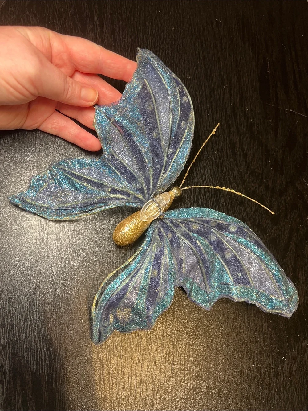 2 Vintage Sparkly Whimsical Glitter Butterfly Clip Ornaments - Blue & Multicolor